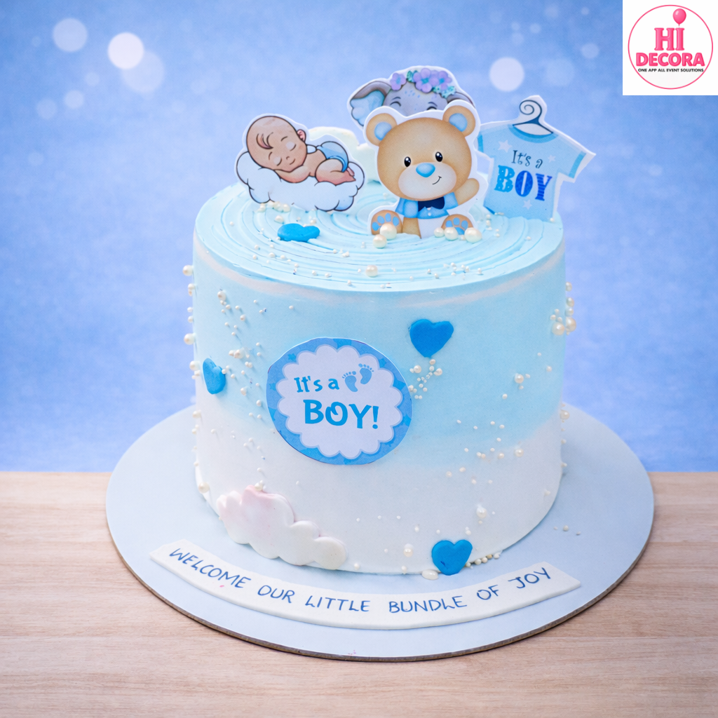Welcome Boy White Blue Theme Cake 