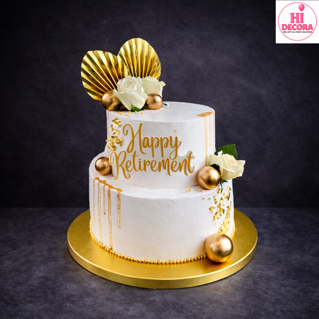 Gold Leaf White Retirement Cake 